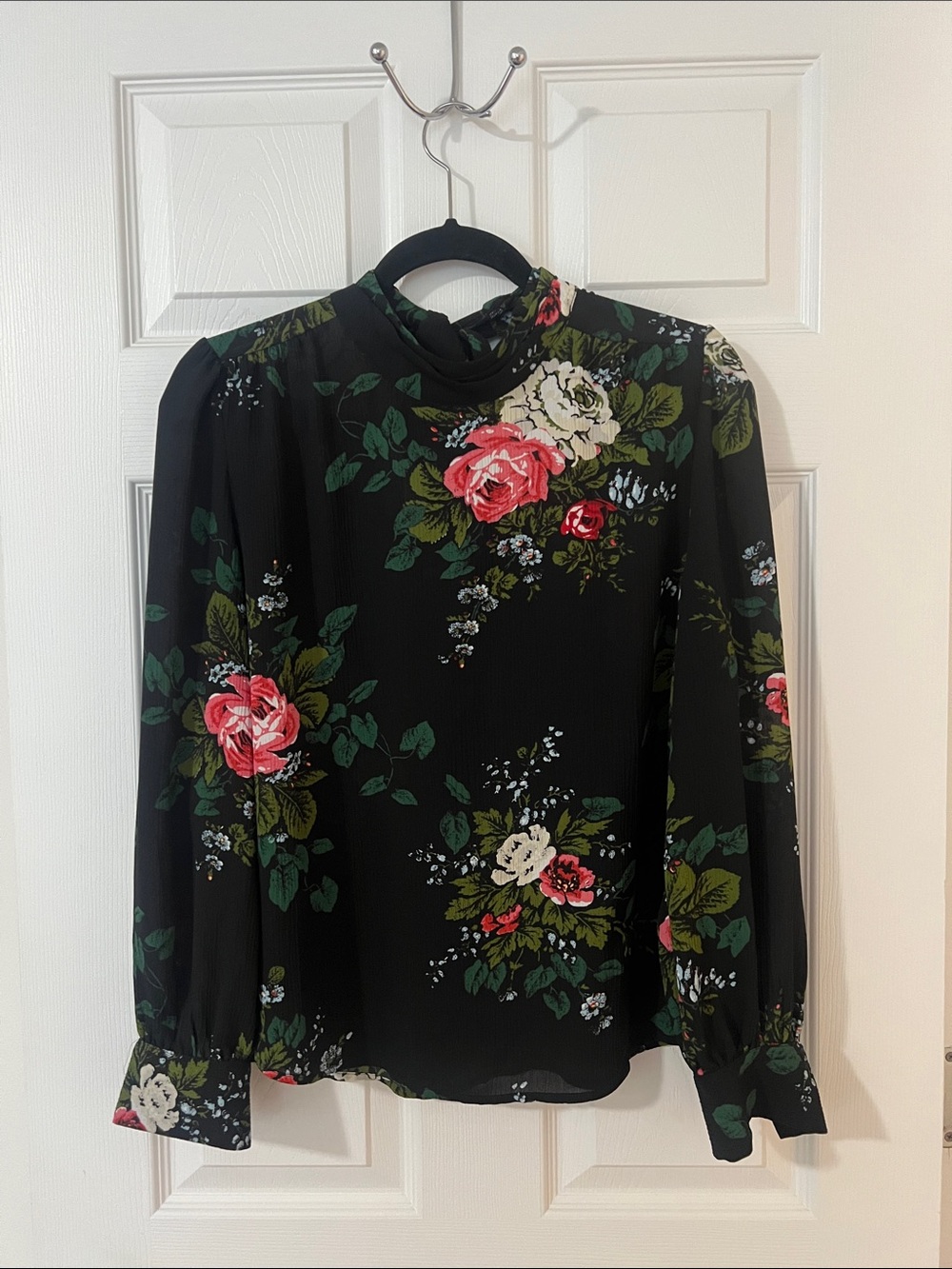 LOFT Black Floral High-Neck Long-Sleeve Blouse with Pink and Cream Roses